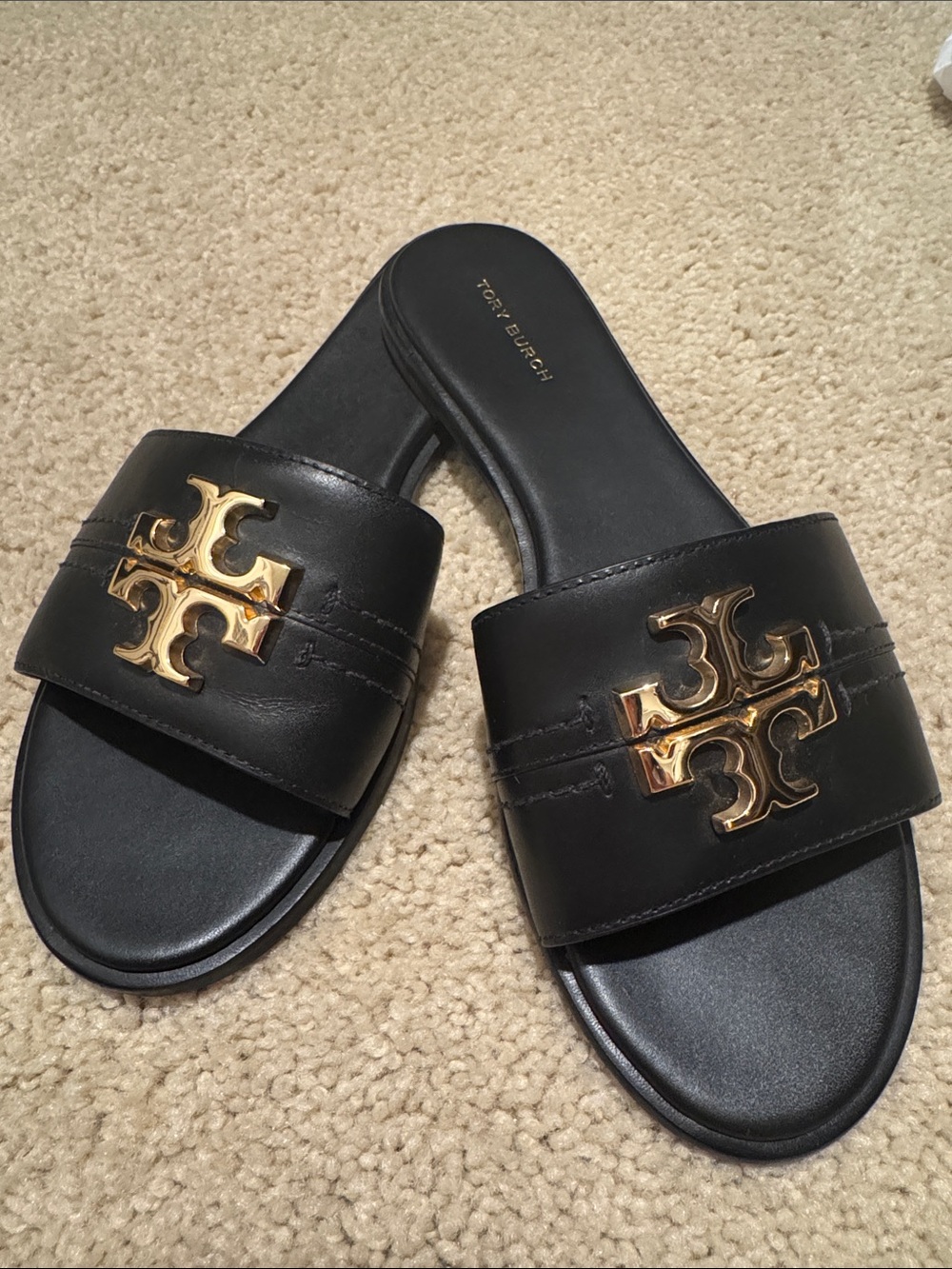Tory Burch Black Leather Slide Sandals with Gold Logo Accent